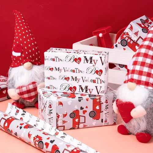 Miniatura 4 de RUSPEPA Rollo de papel de regalo reversible, mini rollo, diseño de pareja de gnomos rojos en camión, ideal para el día de San Valentín, fiesta