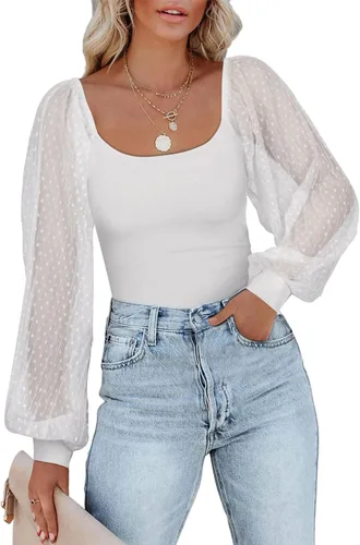 PINKMSTYLE Body de manga larga con cuello cuadrado para mujer, con lunares, traslúcido, básico