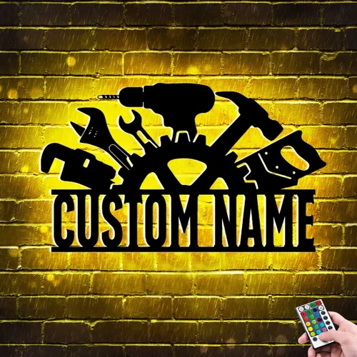 Miniatura 7 de Letrero de metal personalizado con nombre de luz LED para garaje para el día del padre, decoración de pared, caja de herramientas, letrero de metal