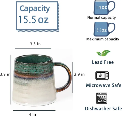 Miniatura 2 de Taza de Café Grande de Cerámica, Tazas de Cerámica Hechas a Mano, Tazas de Té con Asa Grande para Oficina y Hogar, 15.5 oz, Apta para Lavavajillas