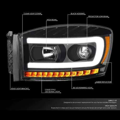Miniatura 19 de DNA MOTORING HL-HPL-RM06-G-CH-AM LED U-Bar DRL Faros de señal de giro perseguidores compatibles con Dodge Ram 1500 06-08/Dodge Ram 2500 3500 06-09