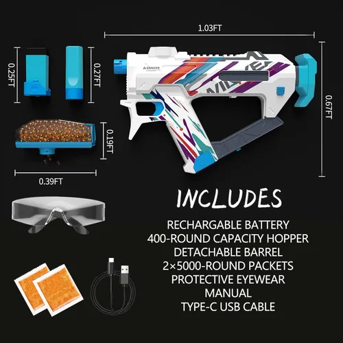 Miniatura 4 de Lanzador eléctrico de bolas de gel, lanzador automático de bolas de salpicadura con potencia de disparo ajustable, 10000 rondas de gel, tolva de 400