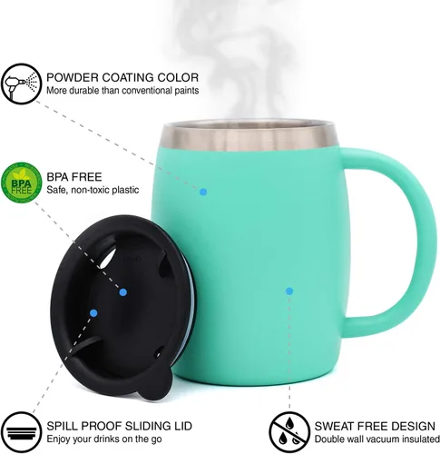 Miniatura 2 de Juego de 2 tazas de café aisladas de acero inoxidable (14 onzas) de doble pared con tapa y asa resistentes a derrames, tazas inastillables
