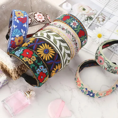 Miniatura 7 de Geosar Paquete de 9 diademas bordadas bohemias para mujer, bohemia, floral, hechas a mano, anchas, estilo étnico, estilo étnico, turbante