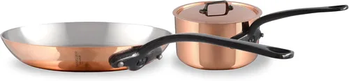 Mauviel M'Heritage 150 CI - Juego de 3 utensilios de cocina DeLuxe de cobre pulido y acero inoxidable de 0.069 pulgadas, con sartén con tapa, 1.8