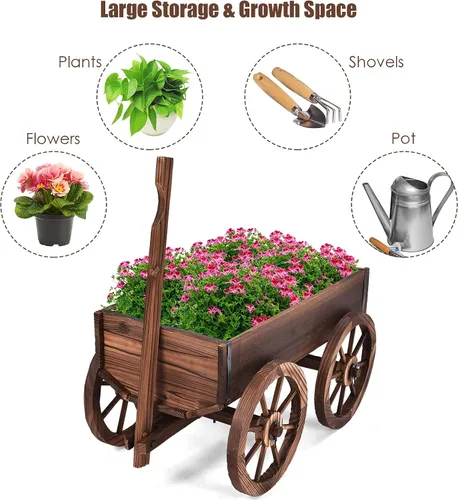 Miniatura 8 de S AFSTAR Carro de madera, soporte para maceta de flores de madera con 4 ruedas y agujeros de drenaje, maceta Amish, soporte de maceta rodante