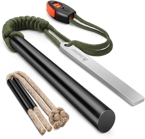 Kit de arranque de fuego con barra de ferro – Pedernal y acero de 5" con dos cordones de yesca encerada y paracord para camping, senderismo,