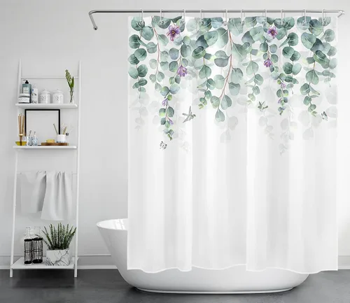 Miniatura 11 de LB Cortina de ducha de hojas verdes azules para baño, hojas botánicas de primavera con flores moradas sobre fondo blanco, acuarela, tela