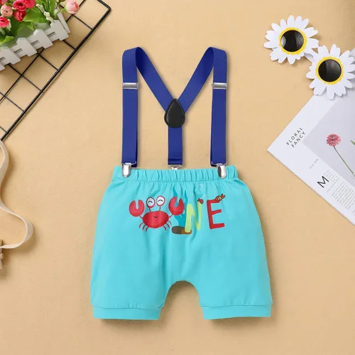 Miniatura 5 de IMEKIS Conjunto de ropa para bebé niño con estampado de pastel de 1er cumpleaños con corbatín + tirantes + pantalones cortos + corona de baloncesto