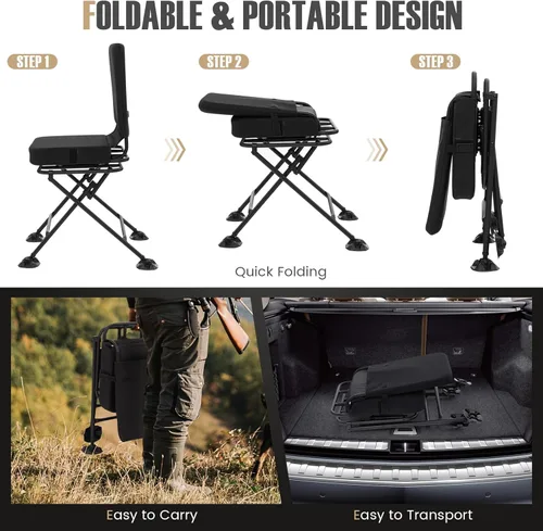 Miniatura 6 de Tangkula Silla de caza, silla ciega giratoria de 360 grados con cojín acolchado, almohadillas ajustables, sillas de caza plegables portátiles