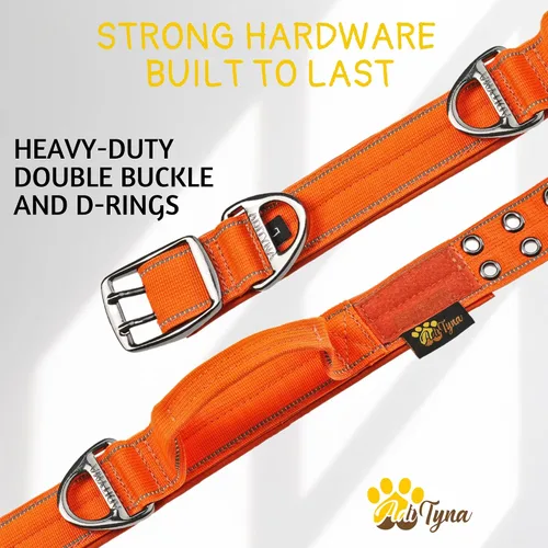 Miniatura 5 de ADITYNA Collar de perro resistente para perros grandes, collar naranja reflectante con asa para entrenar y caminar, ancho, grueso, táctico