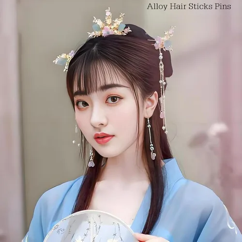 Miniatura 9 de Juego de 5 accesorios para el cabello chino Hanfu, palitos de pelo con borlas florales rosas, peine con aretes, horquillas de pelo vintage