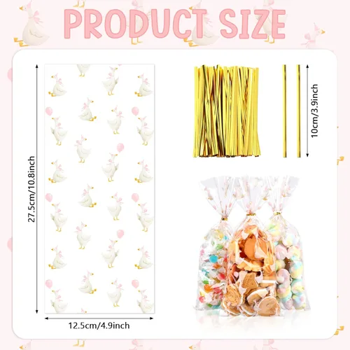 Miniatura 2 de Yexiya 100 bolsas de dulces de ganso de celofán transparentes con lazos de cinta, bolsa de plástico impresa de ganso blanco para aperitivos