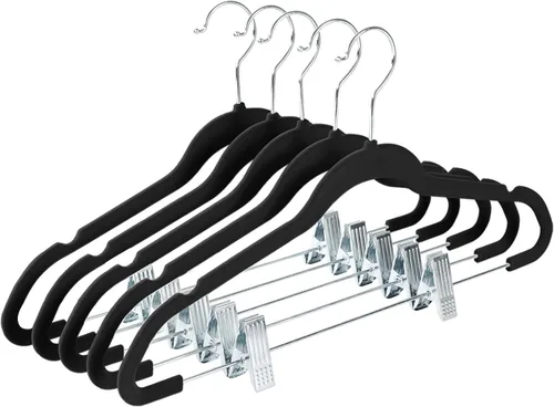 Miniatura 19 de MIZGI - Perchas premium de terciopelo negro para pantalones con clips ajustables (paquete de 20) Perchas delgadas para faldas - Perchas