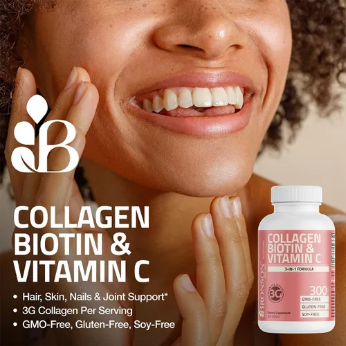 Miniatura 3 de Bronson Péptidos de colágeno 3000mg (por porción) con biotina y vitamina C - para el apoyo del cabello, la piel y las uñas, sin OGM, 90 tabletas