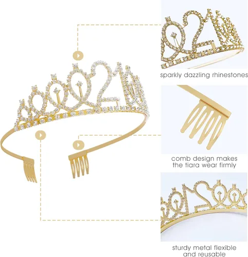 Miniatura 2 de Juego de tiara de banda y diamantes de imitación de 21 cumpleaños, regalos de cumpleaños de 21 años para ella, suministros de fiesta para mujeres