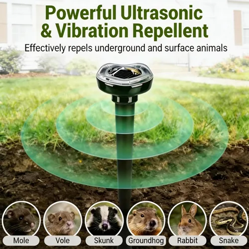 Miniatura 2 de Repelente de topos alimentado por energía solar, disuasorio ultrasónico para patio, césped y jardín, repele serpientes, conejo, tofa, ardilla