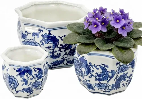 Miniatura 3 de Galt International Macetas de jardín decorativas de porcelana de cerámica con diseño floral azul y blanco, diseño chino asiático - Juego de 3