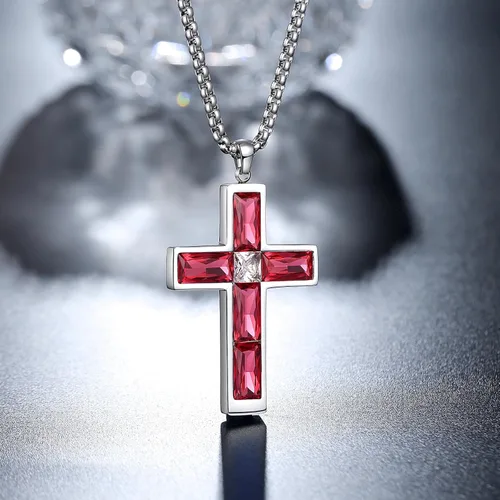 Miniatura 19 de Collar de cruz para hombre, piedras preciosas de color piedra natal de circonita cúbica, collar de acero inoxidable para hombre, cadena de 24
