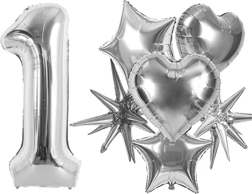 TONIFUL Globos de 1er cumpleaños de 40 pulgadas, color plateado, globo grande de papel de aluminio con el número 1, globos de helio Mylar en forma