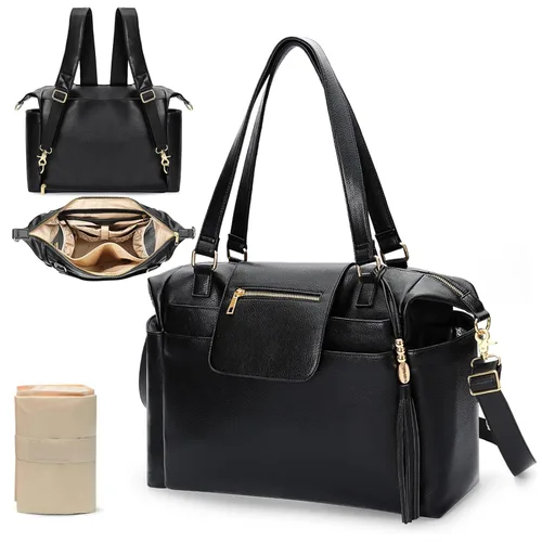 Omanmoli Bolsa de pañales de cuero para pañales, mochila grande para pañales para bebé, 14 bolsas organizadoras, cambiador, correa cruzada, 4 Negro