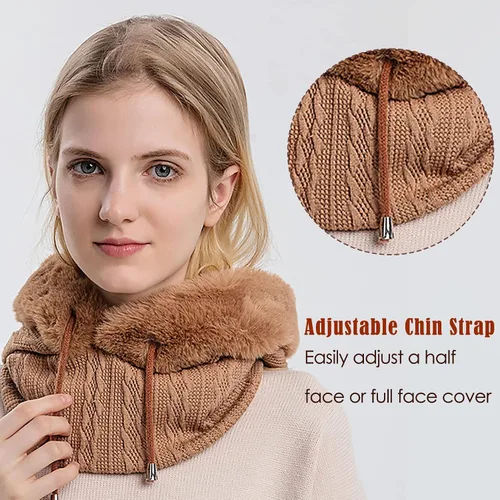 Miniatura 4 de Gorro de lana de una pieza para mujer, bufanda, pasamontañas, cálido, invierno, resistente al viento, con cordón