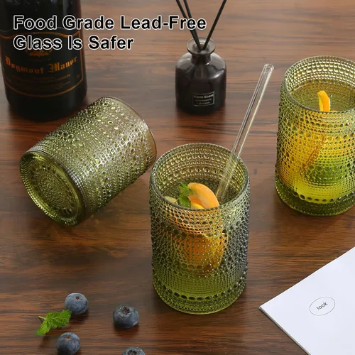 Miniatura 7 de ZMOWIPDL Juego de 8 Vasos de Beber Vintage con Relieve, Verde de 12 oz y 15 oz Vasos Highball, Cristalería para Bebidas de Cocina, Vaso de Agua