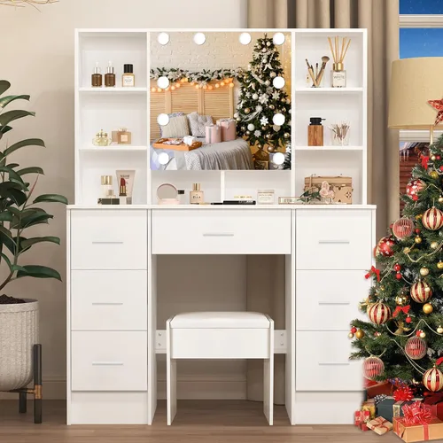 Miniatura 16 de Espejo de tocador con luces, escritorio y silla, 5 cajones y gabinete, mesa de maquillaje con espejo grande HD, 3 modos de iluminación, mesa