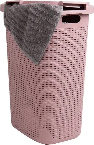 Miniatura 8 de Mind Reader Cesta de lavandería delgada con tapa, cestas de ropa de 60L, diseño de mimbre premium, plástico, paquete de 2, rosa