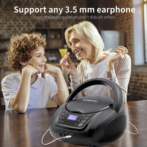 Miniatura 5 de LONPOO Reproductor de CD portátil Boombox con radio FM/USB/Bluetooth/entrada AUX y salida de jack de auriculares, altavoz de sonido estéreo