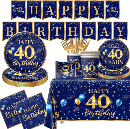 Decoración de 40 cumpleaños para hombres - Juego de 142 piezas de vajilla de cumpleaños azul marino y dorado (sirve para 20) Incluye pancarta de