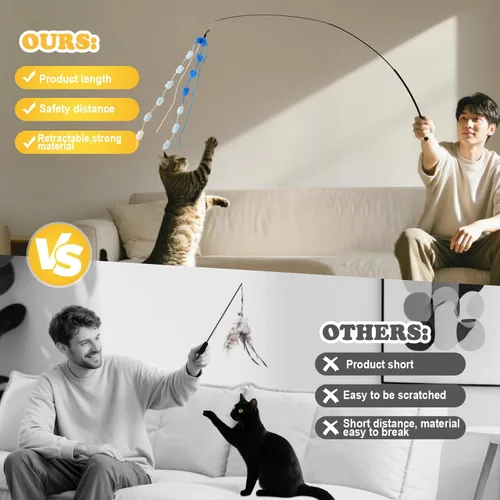 Miniatura 4 de Juguete de varita para gatos, 8 piezas retráctiles de felpa Srtip para gatos, juguetes con campana y cuerda, juguetes interactivos largos