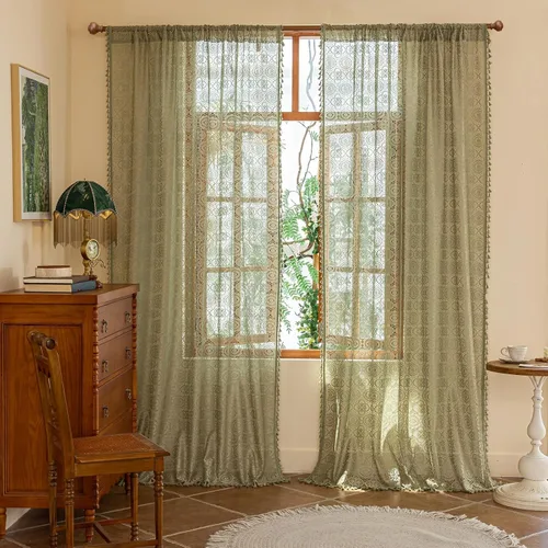 Miniatura 21 de YJ YANJUN - Cortinas de café boho, 24 pulgadas de largo, 2 paneles, cada una de 59" de ancho x 24" de largo, beige, con crochet, cortinas de cocina