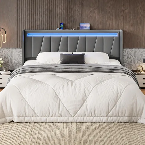Miniatura 10 de SHA CERLIN - Base de cama Queen con estación de carga y luces LED, cama moderna de plataforma de terciopelo con cabecero tapizado geométrico,