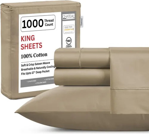 Miniatura 16 de Juego de sábanas 100% algodón para cama King, juego de sábanas certificadas de 1000 TC con bolsillo profundo, juego de sábanas y fundas de almohada