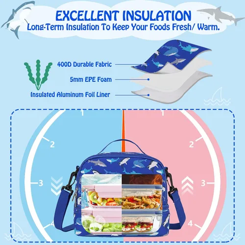 Miniatura 4 de Bolsa de almuerzo para niños, lonchera aislada, bonita bolsa térmica con doble compartimento y correa de hombro extraíble, tiburón azul VONXURY