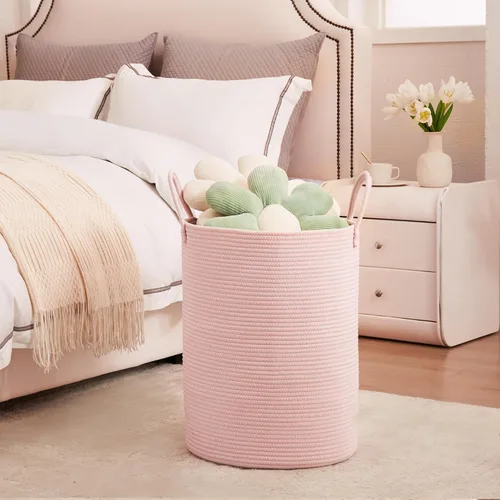 Miniatura 9 de 15Dx20H pulgadas Cesta de lavandería grande rosa para niños, cesta de lavandería de cuerda tejida para guardería, para habitación de niñas, Rosa1