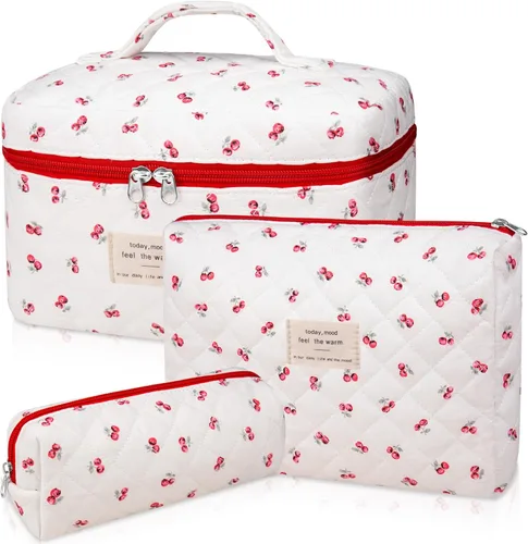Miniatura 35 de Set de bolsas de maquillaje, bolsa de maquillaje acolchada, bolsa de cosméticos floral grande para mujeres, lindas bolsas de maquillaje de algodón