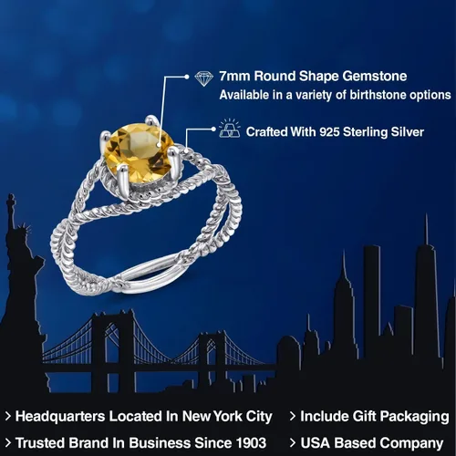 Miniatura 82 de Gem Stone King 7MM Round Gemstone Birthstone Solitaire Ring for Women Twisted Rope Band in 925 Sterling Silver Available in Sizes 5, 6, 7, 8, 9