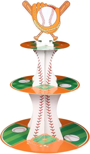 Nuenen Soporte para cupcakes con temática de béisbol, decoración de fiesta temática de 3 niveles, soporte para cupcakes, baloncesto, béisbol,
