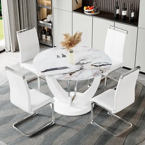 Miniatura 11 de JUFU Juego de mesa de comedor redonda para 4, mesa de comedor de 48 pulgadas con mesa de mármol sintético y 4 sillas tapizadas, moderno juego