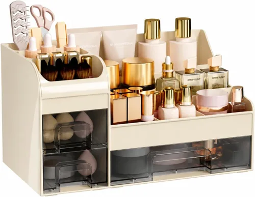 Miniatura 8 de Organizador de maquillaje grande para tocador, organizador de encimera con cajones y soporte para cepillos, organizador de colonia para hombre
