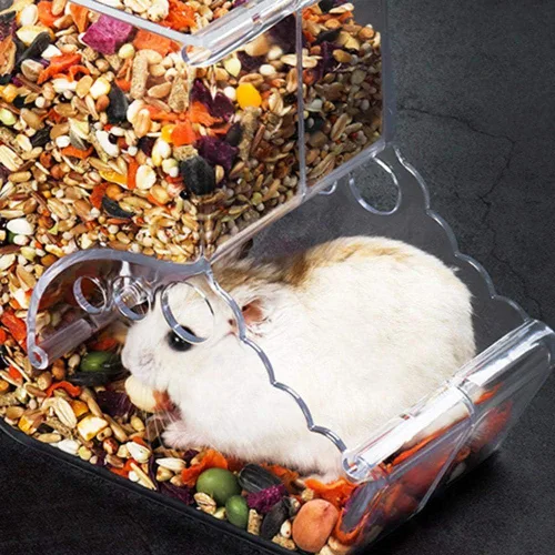 Miniatura 6 de Comedero para hámsters, dispensador automático de animales pequeños, acrílico transparente, recipiente de almacenamiento de alimentos para mascotas