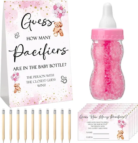 Miniatura 39 de Roowest 512 piezas de juegos de baby shower Adivina cuántos chupetes letrero, 100 pequeños juegos de adivinanzas, 10 lápices HB, botella de leche