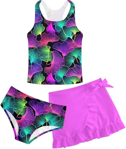 Miniatura 12 de Traje de baño tankini de 3 piezas para niñas, lindo bikini con salida de baño con falda de playa de 5 a 16 años