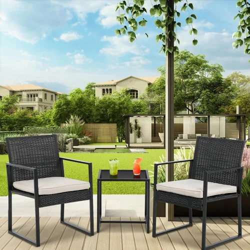 Miniatura 3 de PayLessHere Juego de muebles de patio al aire libre de 3 piezas Caqui Moderno juego de bistró de ratán con sillas acolchadas y mesa de centro