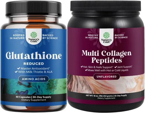Natures Craft Paquete de suplemento reducido de glutatión con ácido glutámico y proteína de colágeno múltiple en polvo para mujeres y hombres sin
