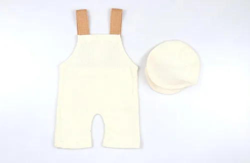Miniatura 4 de Conjunto de accesorios de fotografía para recién nacido, traje de bebé recién nacido, overol, disfraz para niño con gorra de 0 a 1 mes Beige