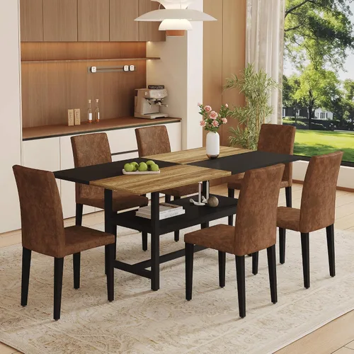 Miniatura 24 de Juego de mesa de comedor de 71 pulgadas para 6 personas con estante de almacenamiento, juego de mesa de comedor rectangular industrial moderna