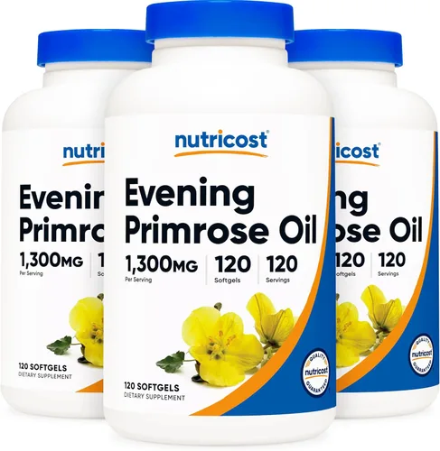 Nutricost Aceite de onagra de 1,300 mg, 120 cápsulas blandas (3 botellas), sin OMG, sin gluten, 120 porciones
